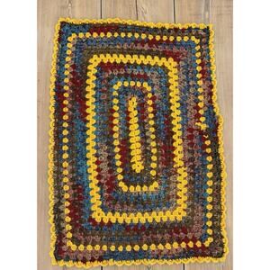 Handmade Afghan‎ Crochet Yellow Red Gray 38x28